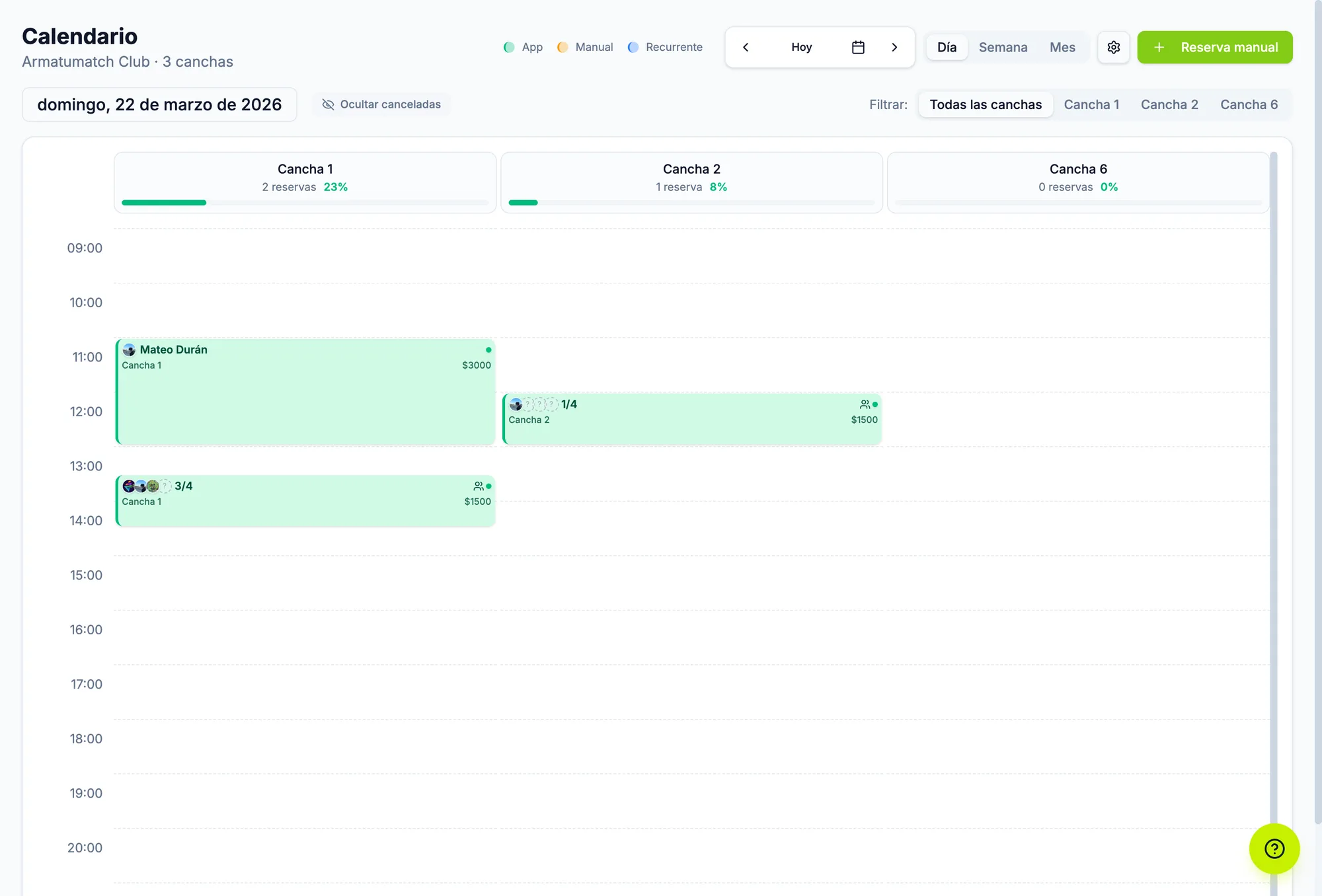Calendario de reservas en tiempo real de armatuMatch Manager con ocupación por cancha